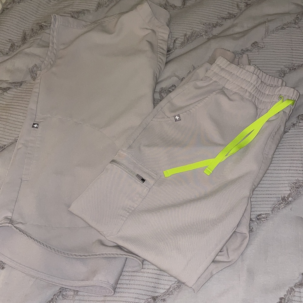 Figs Gray Joggers with Neon Accents and scrub top